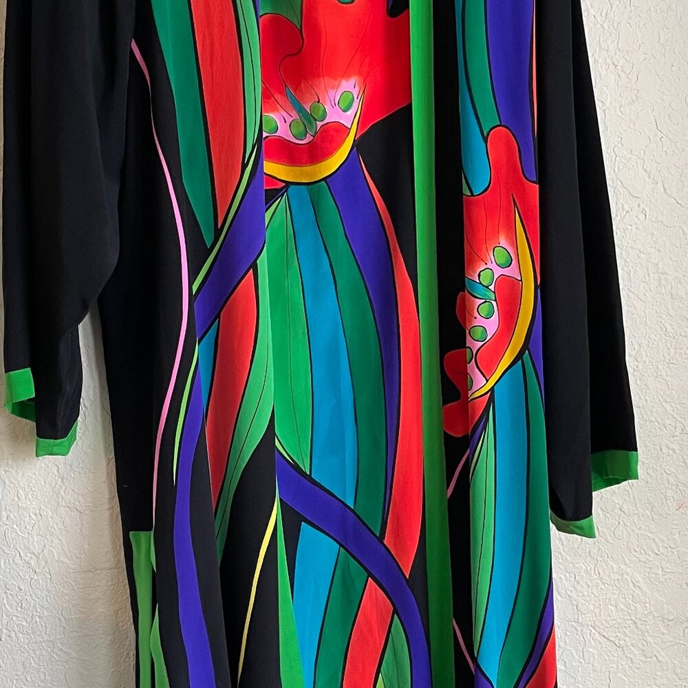 Vintage Yolanda Lorente Hand Painted 100% Silk Open Duster/Kimono Wrap Coverup L